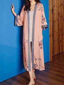 中国风复古新款中式三四袖中长款罩衫和服长袍系腰休闲夏季沙滩罩衫，防晒 - 粉色 - 查看 2