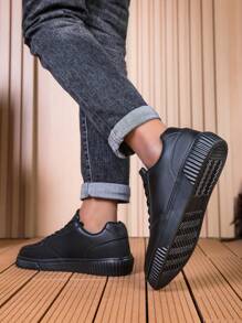 Trending Fashion White Sneakers For Men, New Versatile Casual Sports Shoes, Fashionable Casual Flat Lightweight Soft Sole Student Military Training Travel Shoes - Black - View 5