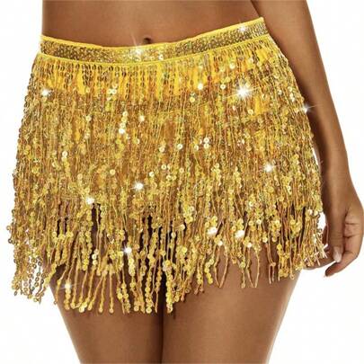 1pc Outfits Belly Dance Glitter Sequins Tassel Skirts, Fashionable Dancing Waist Belt Skirts For Bellydance