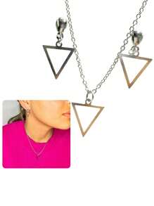 Conjunto Colar e Brinco Feminino 45cm Triângulo Vazado Prata Minimalista Aço Inox Antialérgico