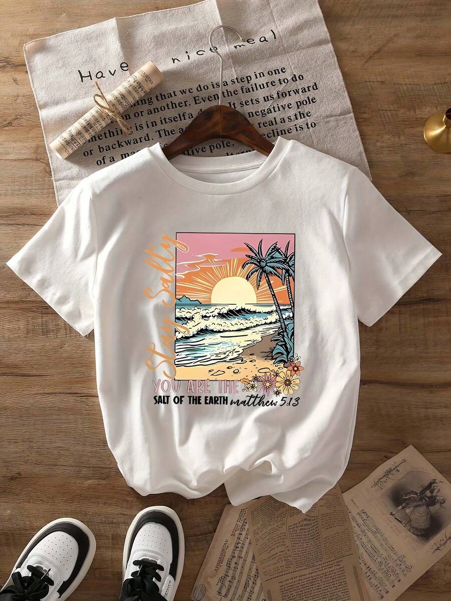 Summer Casual Women's Round Neck T-Shirt, Slim Fit Short Sleeved T-Shirt - White - View 1