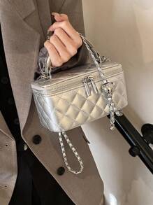 1 件时尚 PU 绗缝钻石刺绣盒状包，拉链小方形手提包带肩带，女士百搭单肩包 - 銀色 - 查看 9