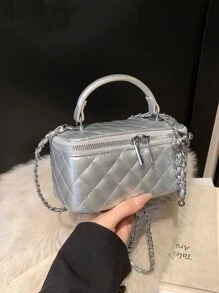 1 件时尚 PU 绗缝钻石刺绣盒状包，拉链小方形手提包带肩带，女士百搭单肩包 - 銀色 - 查看 3