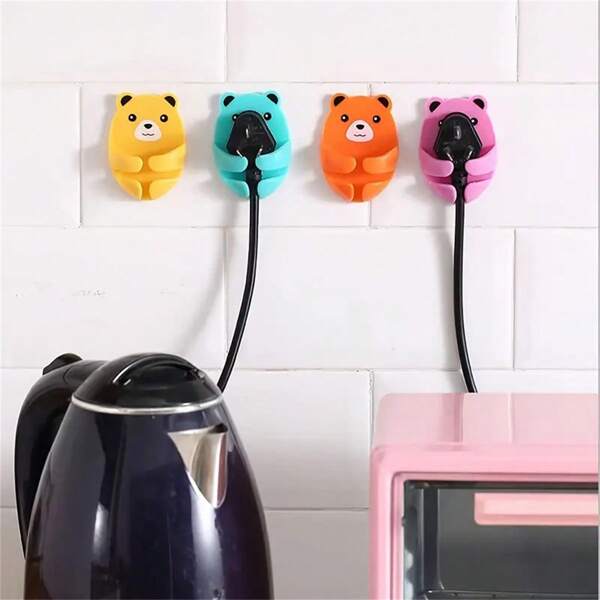 4pcs/Set Cartoon Bear Wall Mount Power Socket Holder, Strong Adhesive Cable Organizer, Easy To Install Kitchen Wall Mounted Socket Outlet Storage, Practical Hook, Stylish Design, Plastic Material, Practical Hook