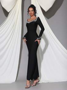 Modphy Black Long Sleeve Luxury Handmade Pearl Embellished Bodycon Bandage Dress, Elegant Bridesmaid Dress For Formal Wedding, Party, And Banquet,Gown,Evening,Wedding Guest