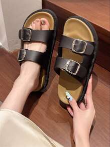 2025 夏季女士休闲皮革扣环一脚蹬凉鞋，复古简约沙滩拖鞋，时尚低跟户外凉鞋 - 黑色 - 查看 5