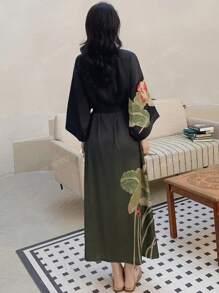 Vintage Elegant Loose Floral Print Mid-Length Kimono Cover Up Outerwear, Summer Tie-Waist Robe Beachwear