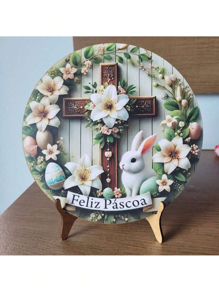 Enfeite de Páscoa quadrinho com suporte para mesa em MDF com 20cm - 15 - Visão 1