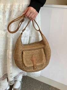 Fashionable Retro Large Capacity Woven Beach Bag, Shoulder Crossbody Straw Bag For Vacation, Eye-Catching Beach Bag Summer, Summer Straw Beach Bag For Women, Fashion Summer Vacation Bag, Beach Essentials Women Bags For Vacation & Holiday