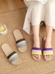 Women's Linen Couple Slippers, Wavy Design Indoor Non-Slip Beach Vacation Sandals, Spring Summer Autumn