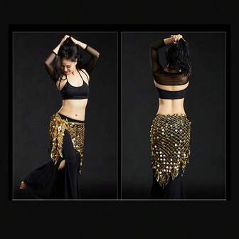 1 st extra stor magdans höftsjal med paljetter mesh triangel midjeomslag kjol för kvinnor bohemiska danstillbehör (flerfärgad, justerbar) magdans höftsjal paljetter midjeomslag justerbar meshkjol för kvinnor, festivalaccessoarer