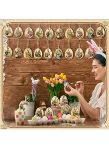 12 paquetes Adornos vintage tipo huevos de conejo, huevos de conejo de madera calada, decoraciones de fiesta de primavera, adornos de árbol festivos, accesorios de jardín de temporada, atrapasueños para decoración del hogar, sin necesidad de electricidad