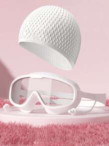 1 Stück Große Rahmen Schwimmbrille, wasserdichte antibeschlagende hochauflösende Schwimmbrille mit Ohrstöpseln, Silikon Schwimmbrille & Schwimmkappe, Unisex Erwachsene Professionelle wasserdichte bequeme Silikon Kappe, modische Große Größen Trainings Schwimmkappe