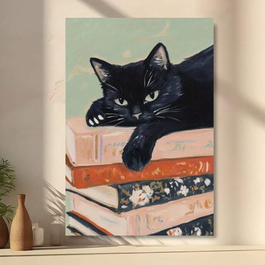 Framed Black Cat On Book Stack Canvas Poster, Artistic Animal Print,   Wall Art, Modern Vintage Style, Indoor/Outdoor Use, Home Office, Bathroom, Living Room, Kitchen, Bedroom Decor, Spring/Winter Season, Ink Medium  Birthday Party Decor, Mother's Day New Year Easter Gift, , Home Living Room Office Wall Decor, Perfect Gift And Wall Decoration