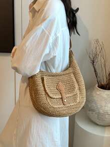 Fashionable Retro Large Capacity Woven Beach Bag, Shoulder Crossbody Straw Bag For Vacation, Eye-Catching Beach Bag Summer, Summer Straw Beach Bag For Women, Fashion Summer Vacation Bag, Beach Essentials Women Bags For Vacation & Holiday