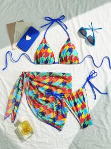 全新夏季女士性感甜美系带露背拼色热带海滩度假三件套比基尼套装