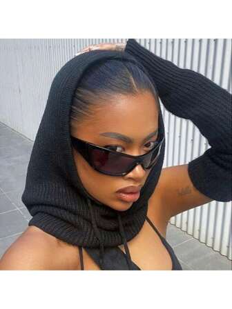 1pc Women Knitted Hat & Scarf Set, Balaclava Design, Warm And Windproof For Autumn/Winter, Fashion Detachable Collar