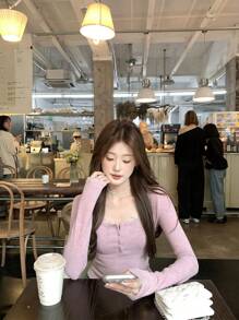 精致蕾丝边 U 领柔软针织底层套头衫，高弹力百搭内衣 - 紫色 - 查看 2