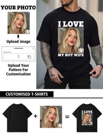 Anpassad kortärmad t-shirt för män, anpassad med självporträtt/bebis/vän/idol/par/familj/fest/skol/sport/husdjur/kärlek fotoutskrifter, present till pojkvän dekorativ, Dawg snygg, mode, hipster, kontrakterad, enkel kostym, blygsam mode, minimalistisk chic, avslappnad anpassning, unik, personlig perfekta presenter till honom familj, pojkvän, vänner, barn