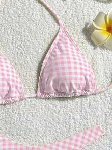 Women's Printed Fashionable Yellow Plaid Pattern Mini Triangle Bikini Set, Suitable For Summer Swimwear - Pink - View 4