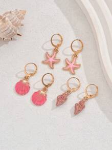 3 对海星、贝壳、蜗牛形油滴耳环套装，女士可爱海滩度假珠宝套装
