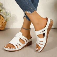 舒适女士坡跟凉鞋，休闲厚底夏季便鞋，圆头设计，合成鞋面和橡胶外底 - 非常适合日常穿着，休闲夏季鞋 | 橡胶底凉鞋 - 白色 - 查看 6