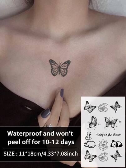 1 件蝴蝶临时纹身防水防汗持续 1-2 周逼真草本汁防摩擦不反光仿黑色假纹身适用于女性和男性纹身贴纸适用于手臂、胸部、腿部、腹部、腰部、手指、颈部现代人体艺术
