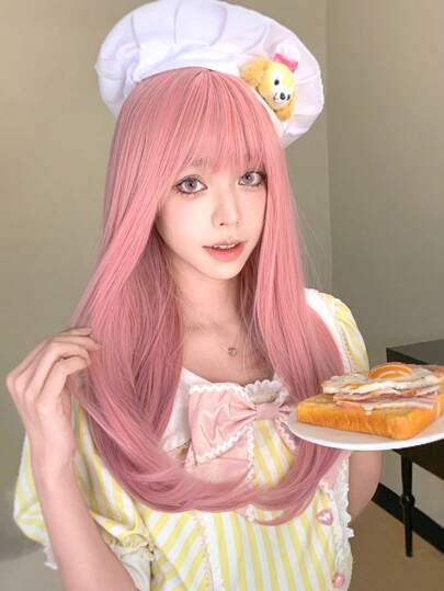 alicegarden 1 peluca de cabello sintético resistente al calor, larga y recta, de color rosa natural con flequillo, de 22 pulgadas de largo, totalmente tejida a máquina, natural y realista para uso diario, regalo de Navidad Y2K