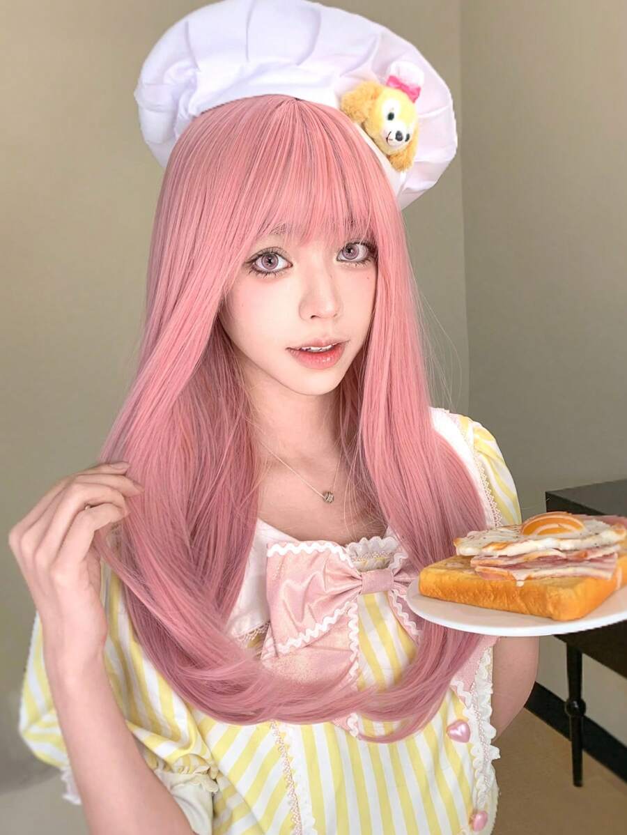 alicegarden 1 Piece Synthetic Heat-Resistant, Long Straight Hair Wig In Natural Pink Wigs, With Bangs, 22 Inches Long, Fully Machine Woven Daily Natural Realistic Wig Christmas Y2k - Pink - View 1