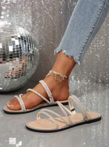 女士时尚平底套脚凉鞋，百搭网红风，适合约会、购物、聚会、派对、通勤和居家穿着，春夏穿搭必备 - 米色 - 查看 5