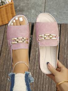 Plus Size 36-45 Summer Fashion Casual Gold Metal Buckle Wedge Sandals, Lightweight Comfortable Orange Roman Slippers Suitable For Outdoor Daily Wear, Women's Platform Thick Sole Sandals