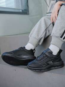 Kids Black Sneakers, Leather Water Resistant Breathable Student Campus Running Shoes For Boys/Girls, Children Casual Shoes, Teens Lightweight Comfortable Non-Slip Sports Shoes Suitable For Indoor/Outdoor Activities, School, Daily Wear