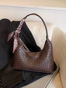 Fashion Versatile Simple Shoulder Bag With Scarf - Coffee - View 5