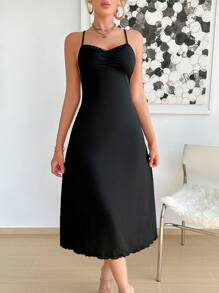 1pc Women Black Lace Scalloped Open Back Nightgown - Black - View 5