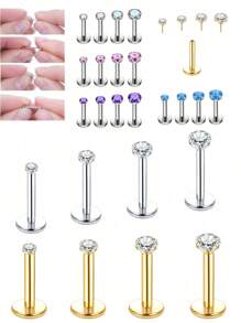 4pcs Stainless Steel Labret Stud Lip Rings With Cubic Zirconia, Body Piercing Jewelry Without Threading For Women - Multicolor - View 1