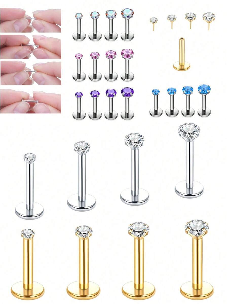 4pcs Stainless Steel Labret Stud Lip Rings With Cubic Zirconia, Body Piercing Jewelry Without Threading For Women - Multicolor - View 1