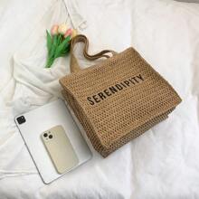 Fashionable, Versatile Solid Color Letter Print Tote Bag, Suitable For Vacation, Travel, Shopping, Simple And Casual With Large Capacity For Women