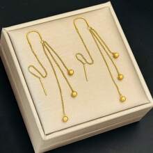 Gold Beaded Earrings With Long Tassel, Titanium Steel Non-Fading Jewelry Ear Accessories For Women - Three Beans - View 2
