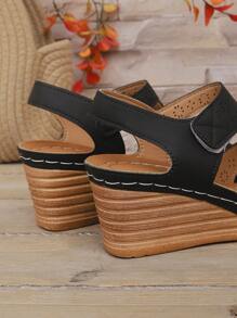 Women's Hook And Loop Hollow Ankle Strap Sandals, Summer New Elegant Outdoor Wedge Sandals With Thick Waterproof Platform, Simple Sports Style Black Sandals, Vacation Casual Roman Gladiator Sandals, Beach Holiday Ladies Sandals