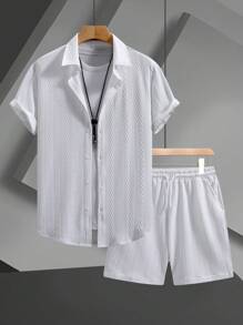 2pcs/Set Men's Solid Color Single-Breasted Short Sleeve Shirt And Shorts Set - White - View 2