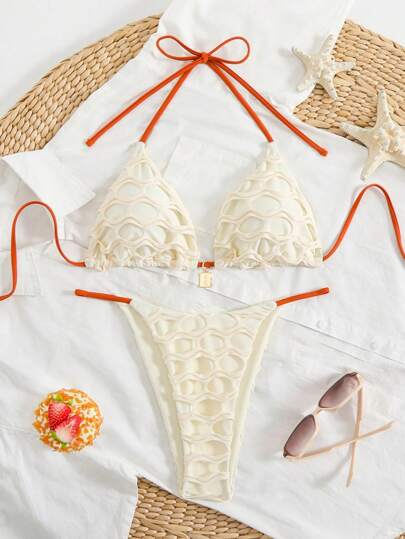 Women's Sexy Textured Halter Bikini Set, Suitable For Beach And Pool, For Summer Vacation