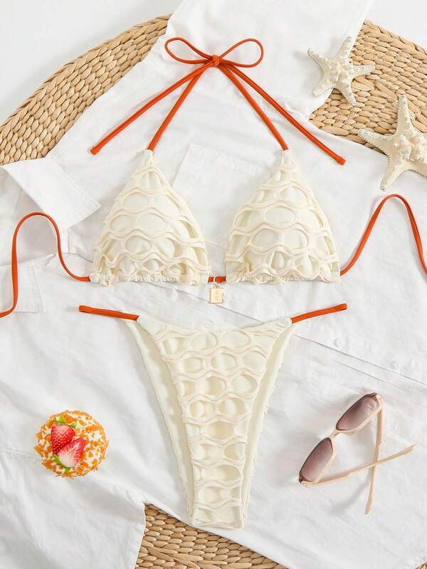 Women's Sexy Textured Halter Bikini Set, Suitable For Beach And Pool, For Summer Vacation