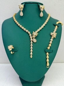4 pièces Ensemble de collier, boucles d'oreilles, bague et bracelet de luxe avec motif léopard/tigre, pierres de zircone cubique blanche, forme de feuille. Ensemble de bijoux pour femme pour fête et mariage, cadeau pour la Saint-Valentin