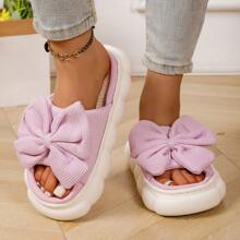1 Pair Cute Solid Color Bow Cloth Lady House Slippers, Thick Anti-Slip Soft EVA Sole, Breathable Comfort Vamp, Suitable For All Seasons