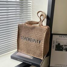 Fashionable, Versatile Solid Color Letter Print Tote Bag, Suitable For Vacation, Travel, Shopping, Simple And Casual With Large Capacity For Women