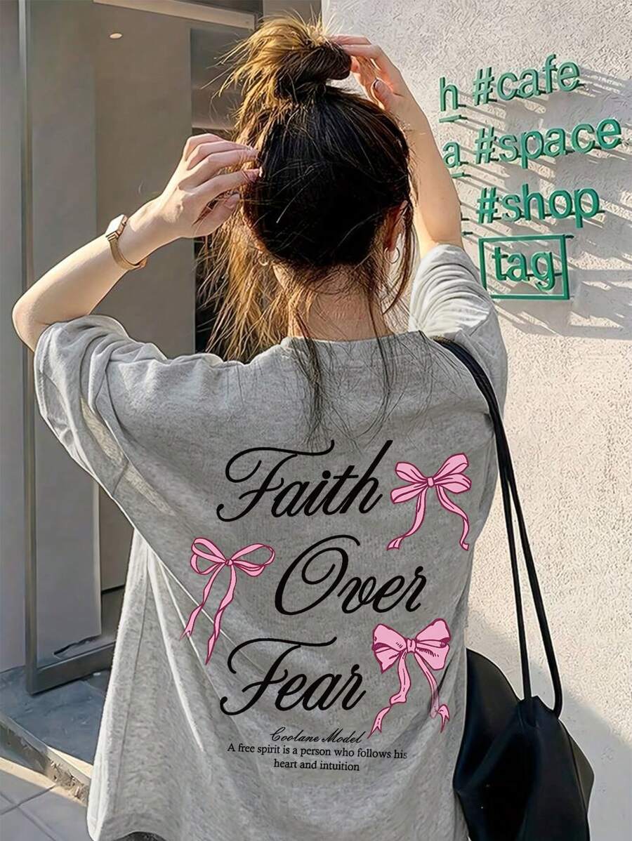 1pc Girls' Butterfly Letter Print Short Sleeve T-Shirt, Soft & Comfortable, Suitable For Summer Daily & School Wear - Grey - View 1