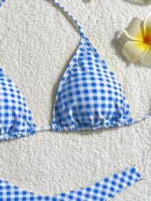 Women's Printed Fashionable Yellow Plaid Pattern Mini Triangle Bikini Set, Suitable For Summer Swimwear - Blue - View 4
