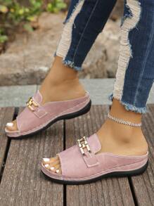 Plus Size 36-45 Summer Fashion Casual Gold Metal Buckle Wedge Sandals, Lightweight Comfortable Orange Roman Slippers Suitable For Outdoor Daily Wear, Women's Platform Thick Sole Sandals