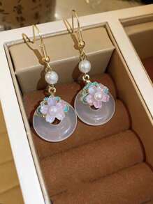 1 对中国风花朵珍珠耳环，适合汉服、旗袍和女性日常穿着 - 粉色 - 查看 2