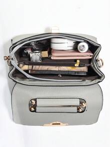 金属装饰方形手提包、翻盖拼色单肩包、女式带扣装饰单肩包、女式小号斜挎钱包和手提包、PU 皮革翻盖钱包 - 淺灰色 - 查看 5